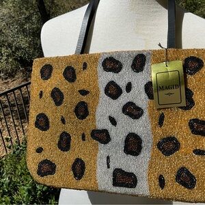 Magid Fully Beaded Animal Print Double Handle Handbag Vintage